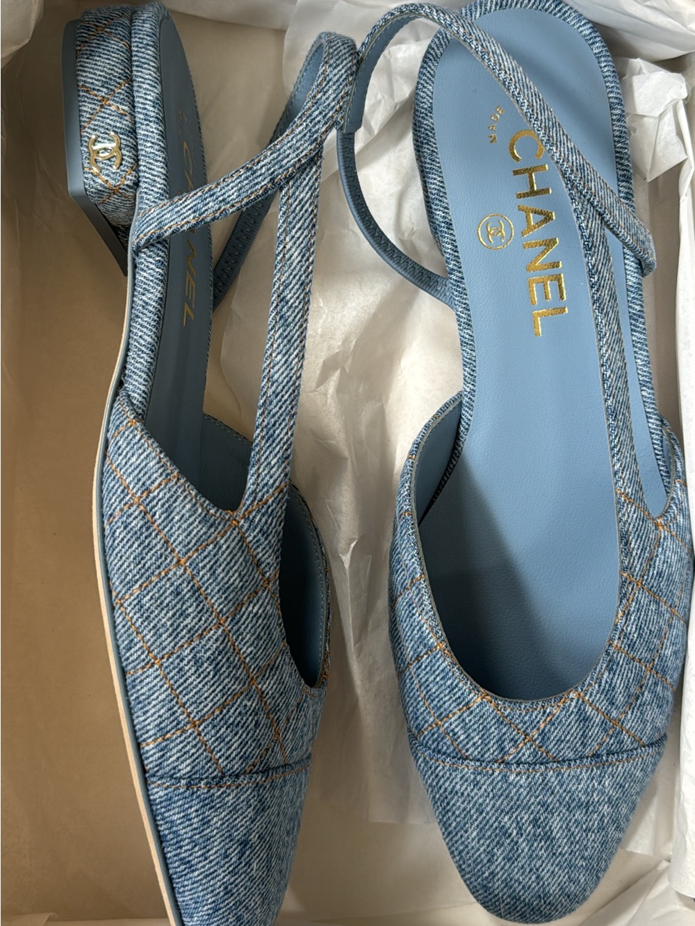 CHANEL Light Blue Denim Slingback Flats - Picture 2 of 3